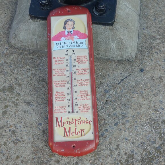 Vintage MenoPauseMeter Metal Thermometer with Mounting Holes and Screws - Picture 1 of 11